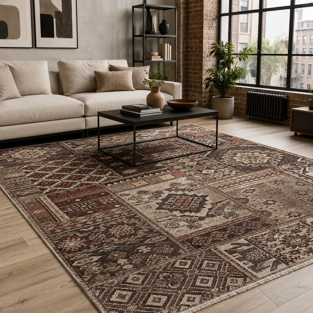 Tapis Ethnique Bleu Marine Lavable Lila, vue principale