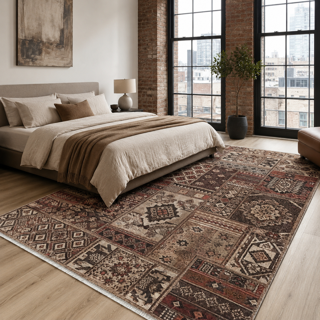 Tapis Ethnique Bleu Marine Lavable Lila, vue 4