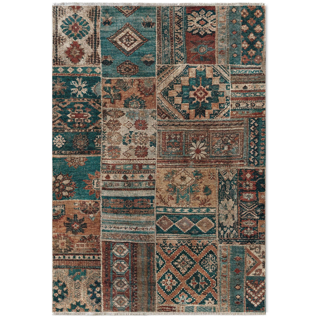 Détail du motif du tapis ethnique bleu marine lavable Iris