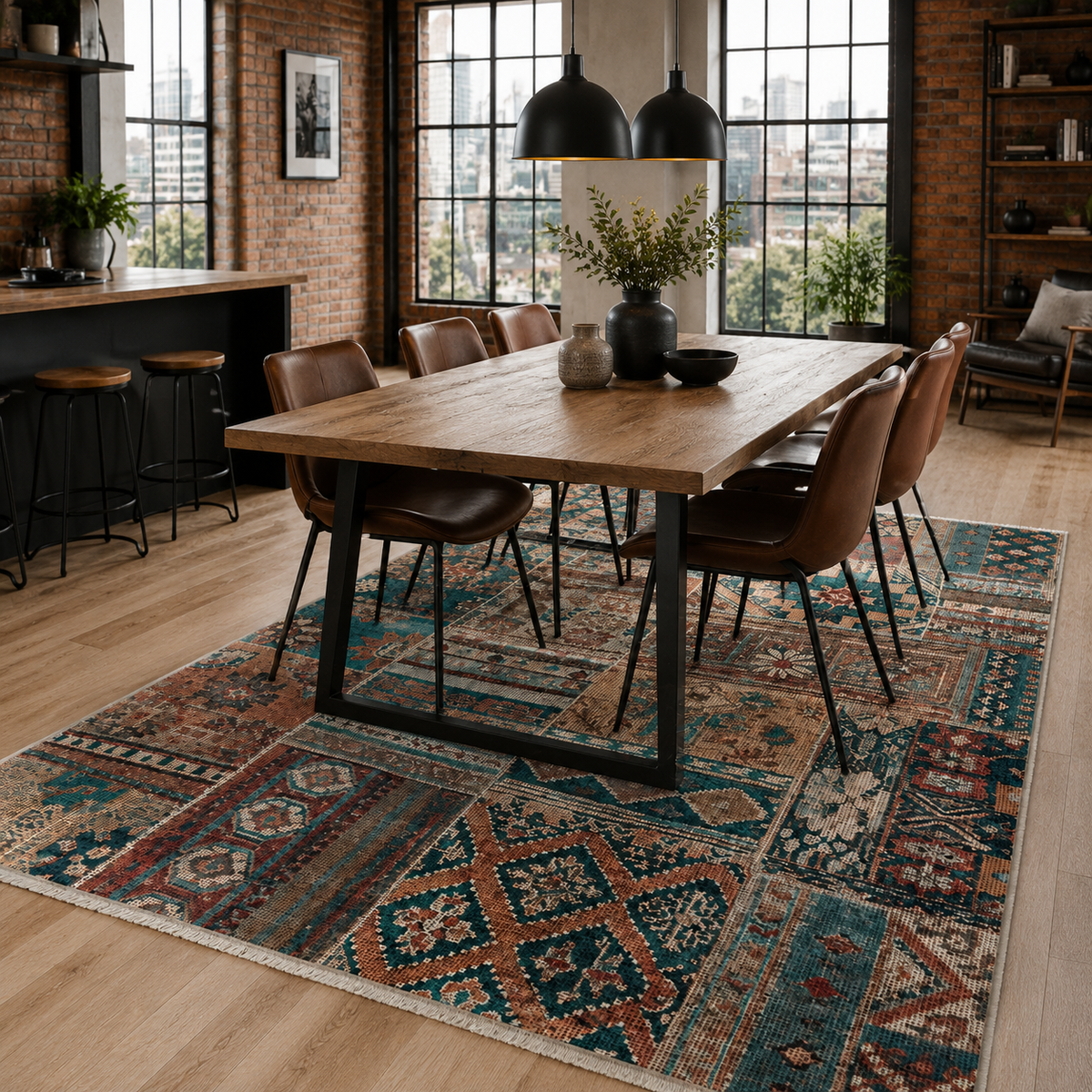 Tapis Ethnique Bleu Marine Lavable Iris, vue 5
