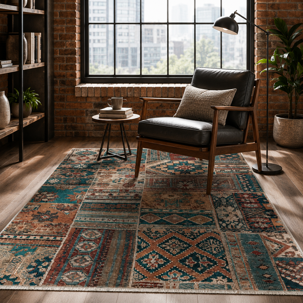 Tapis Ethnique Bleu Marine Lavable Iris, vue 7