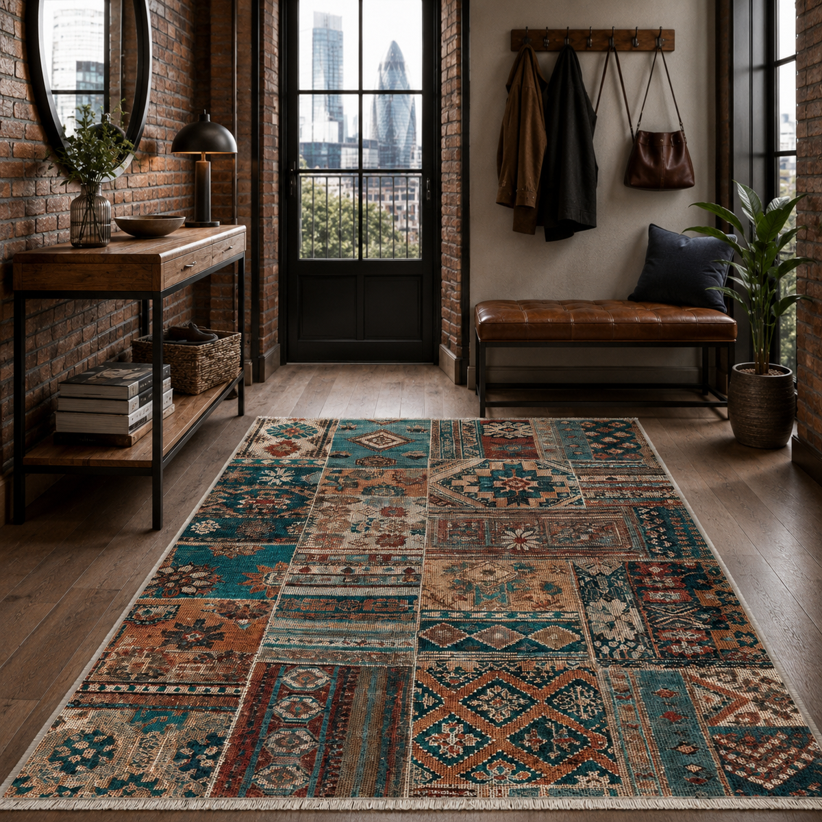 Tapis Ethnique Bleu Marine Lavable Iris, vue 9