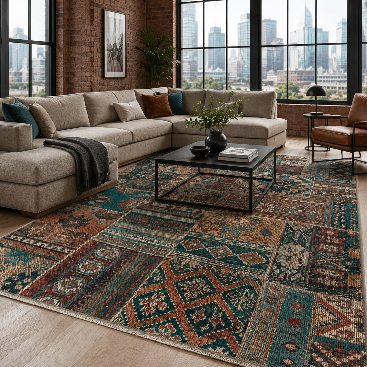 Tapis Ethnique Bleu Marine Lavable Iris, vue 10