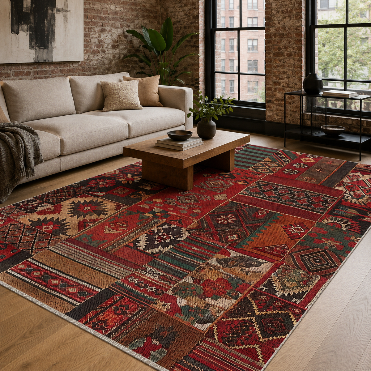 Tapis Ethnique Bordeaux Lavable Sasha, vue 3