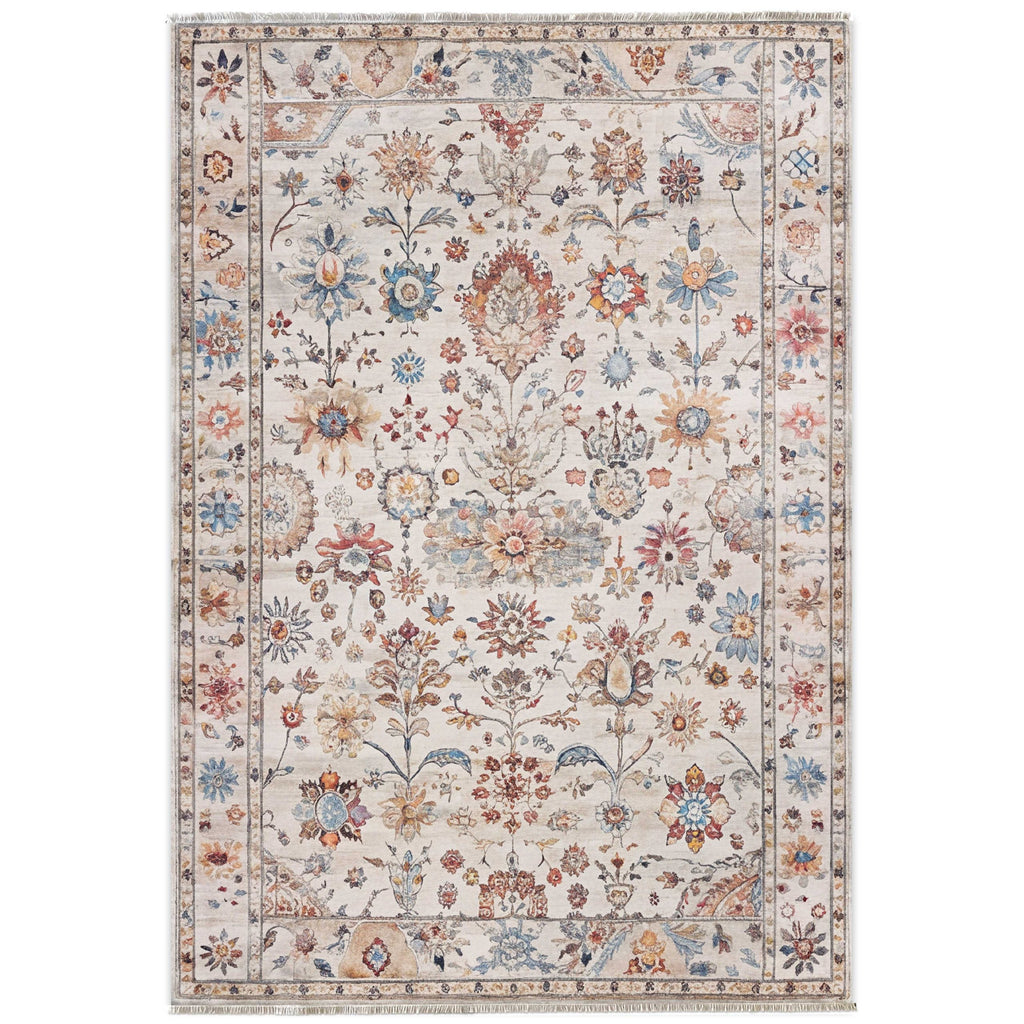 Détail du motif du tapis classique crème et blanc lavable Ariane