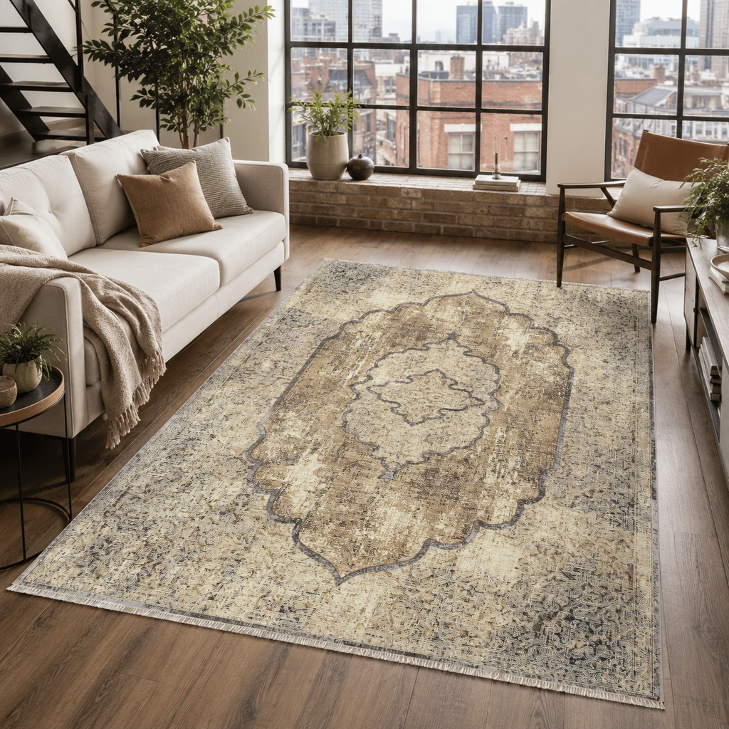 Tapis Vintage Bleu Marine Lavable Georgia, vue principale