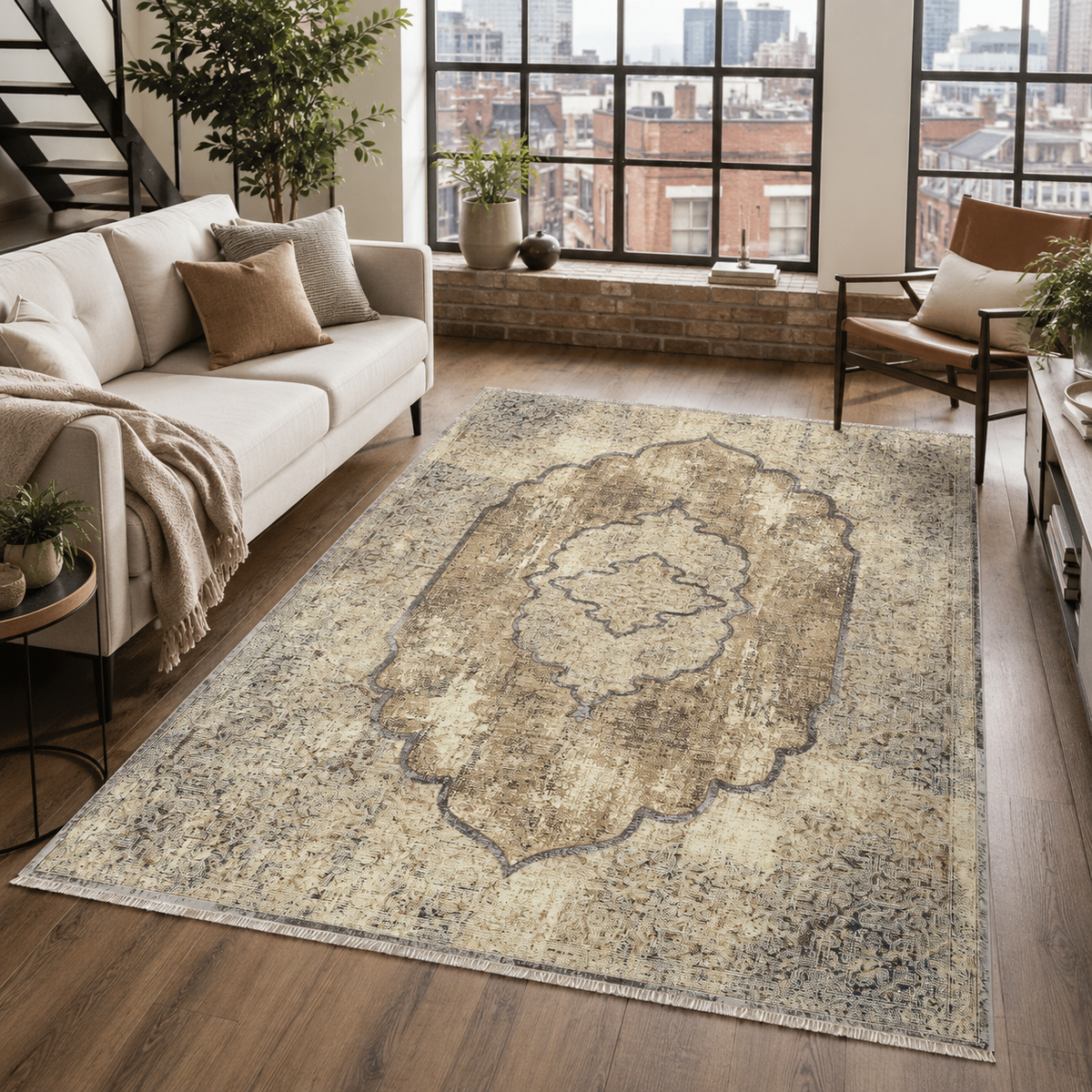 Tapis Vintage Bleu Marine Lavable Georgia, vue 3