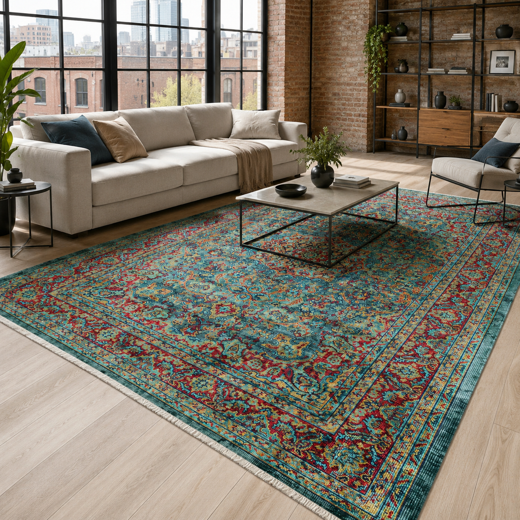 Tapis Vintage Bleu Marine Lavable Mia, vue principale