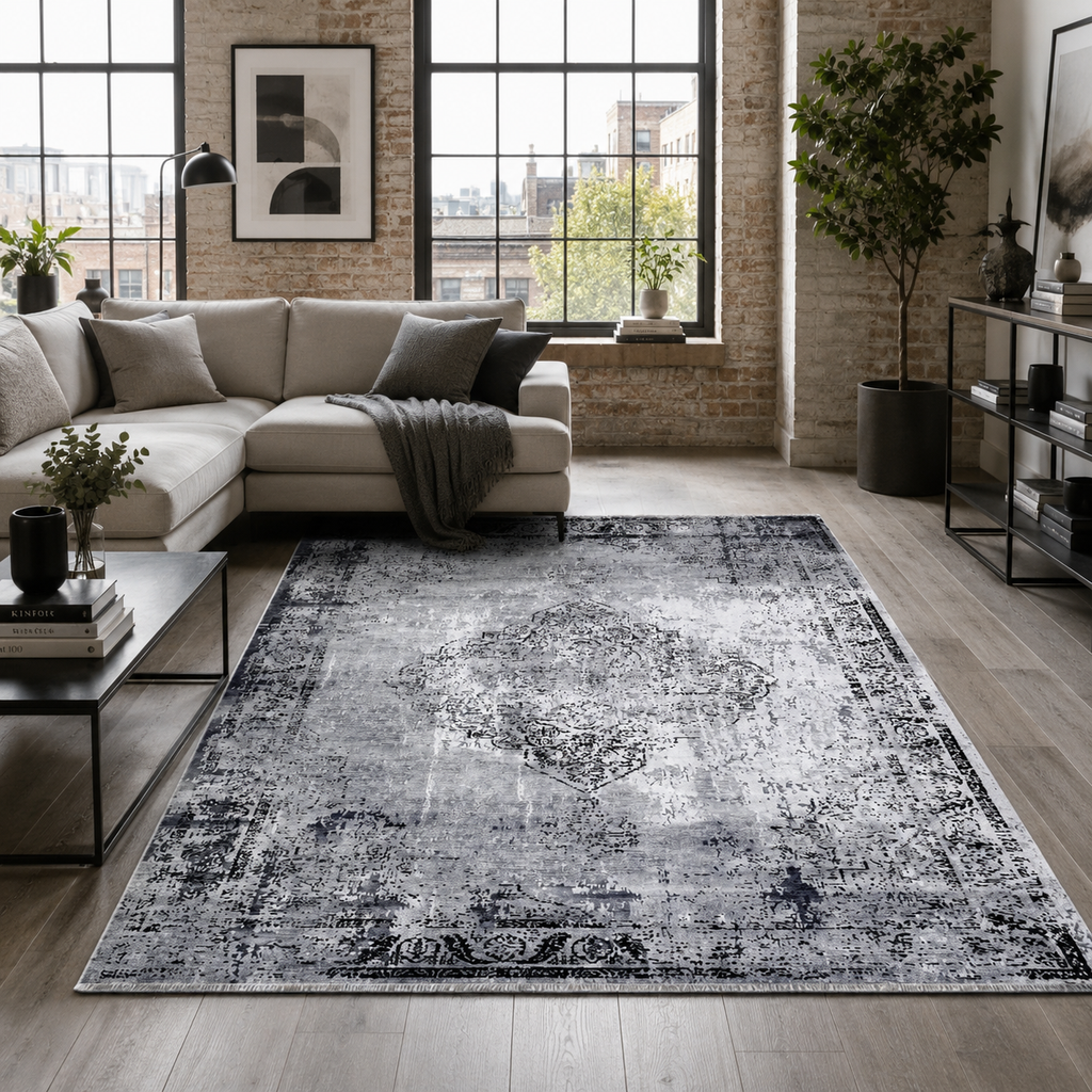 Tapis Géométrique Vintage Gris Lavable Élio, vue principale