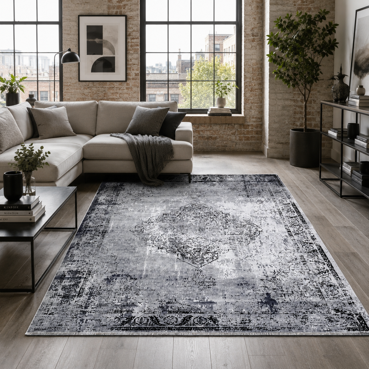 Tapis Géométrique Vintage Gris Lavable Élio, vue principale