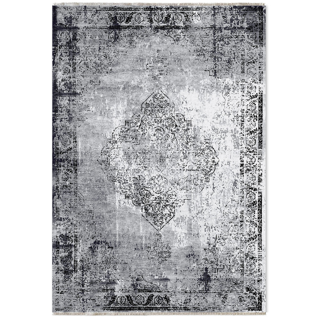 Détail du motif du tapis géométrique vintage gris lavable Élio