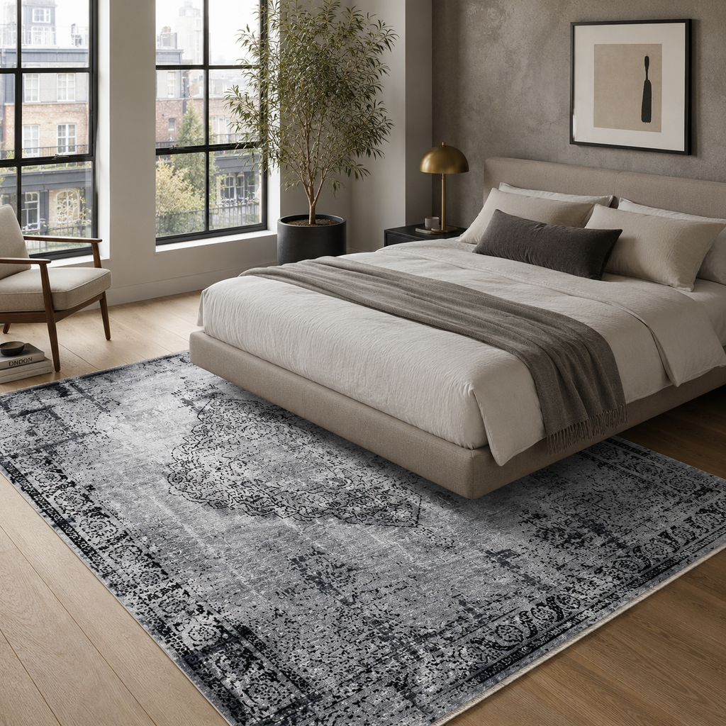 Tapis Géométrique Vintage Gris Lavable Élio, vue 4