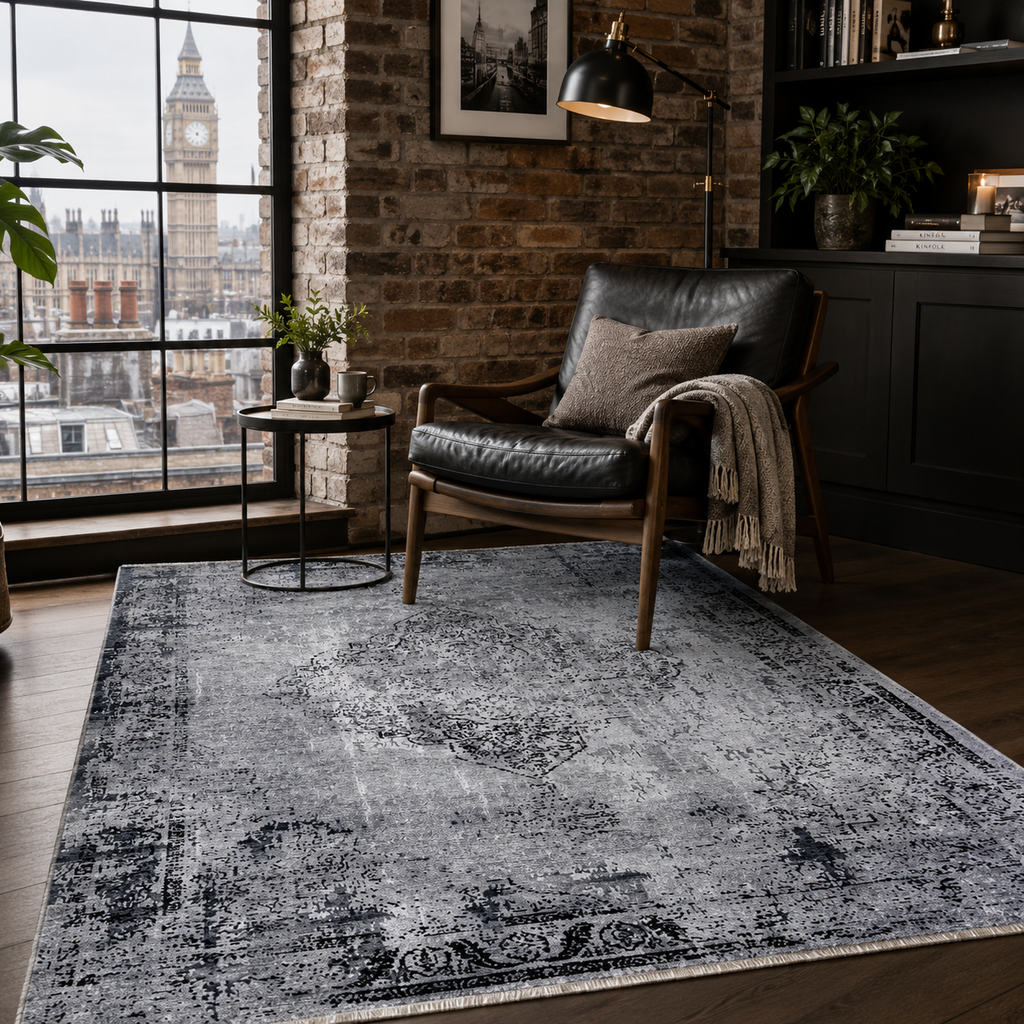 Tapis Géométrique Vintage Gris Lavable Élio, vue 8