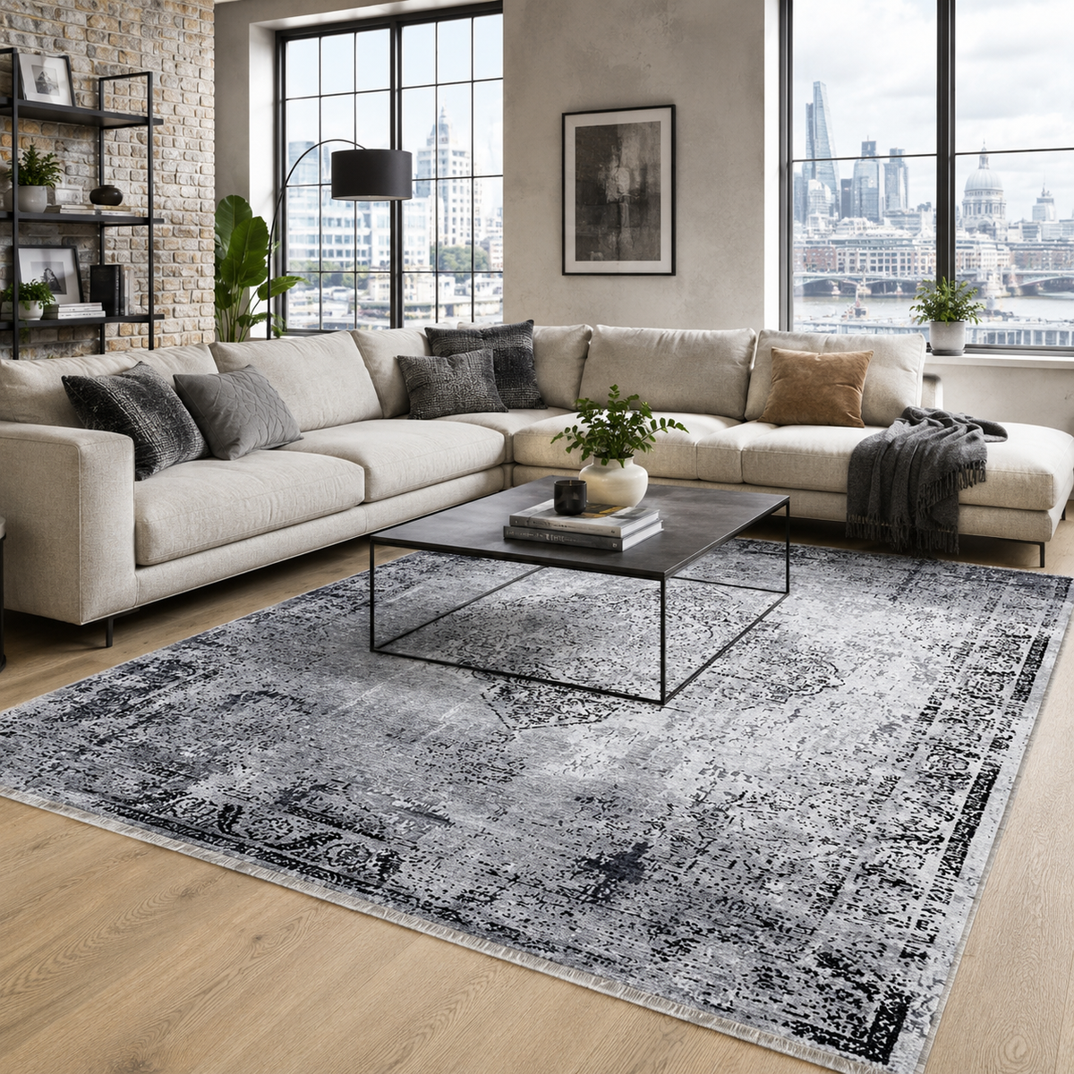 Tapis Géométrique Vintage Gris Lavable Élio, vue 9