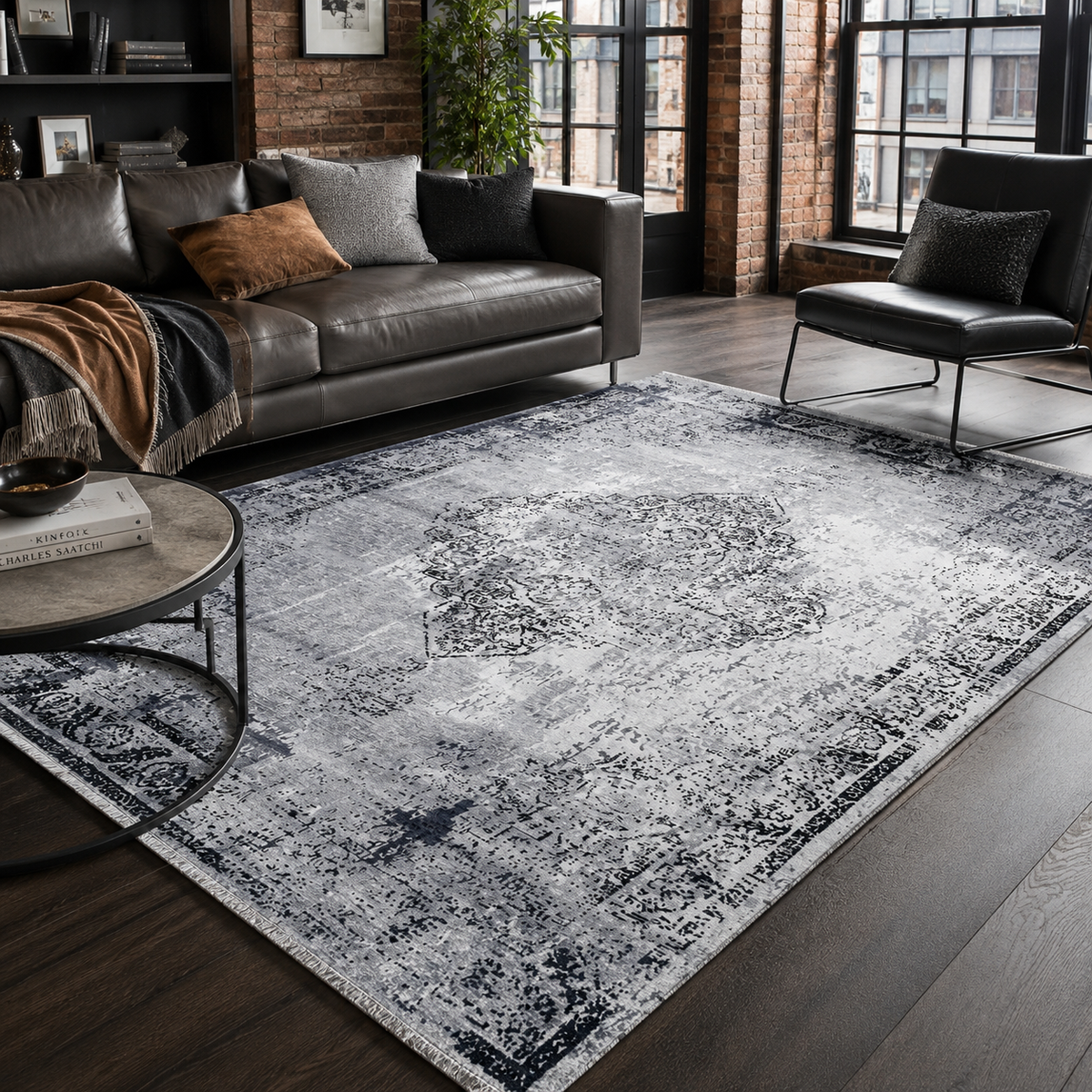 Tapis Géométrique Vintage Gris Lavable Élio, vue 10