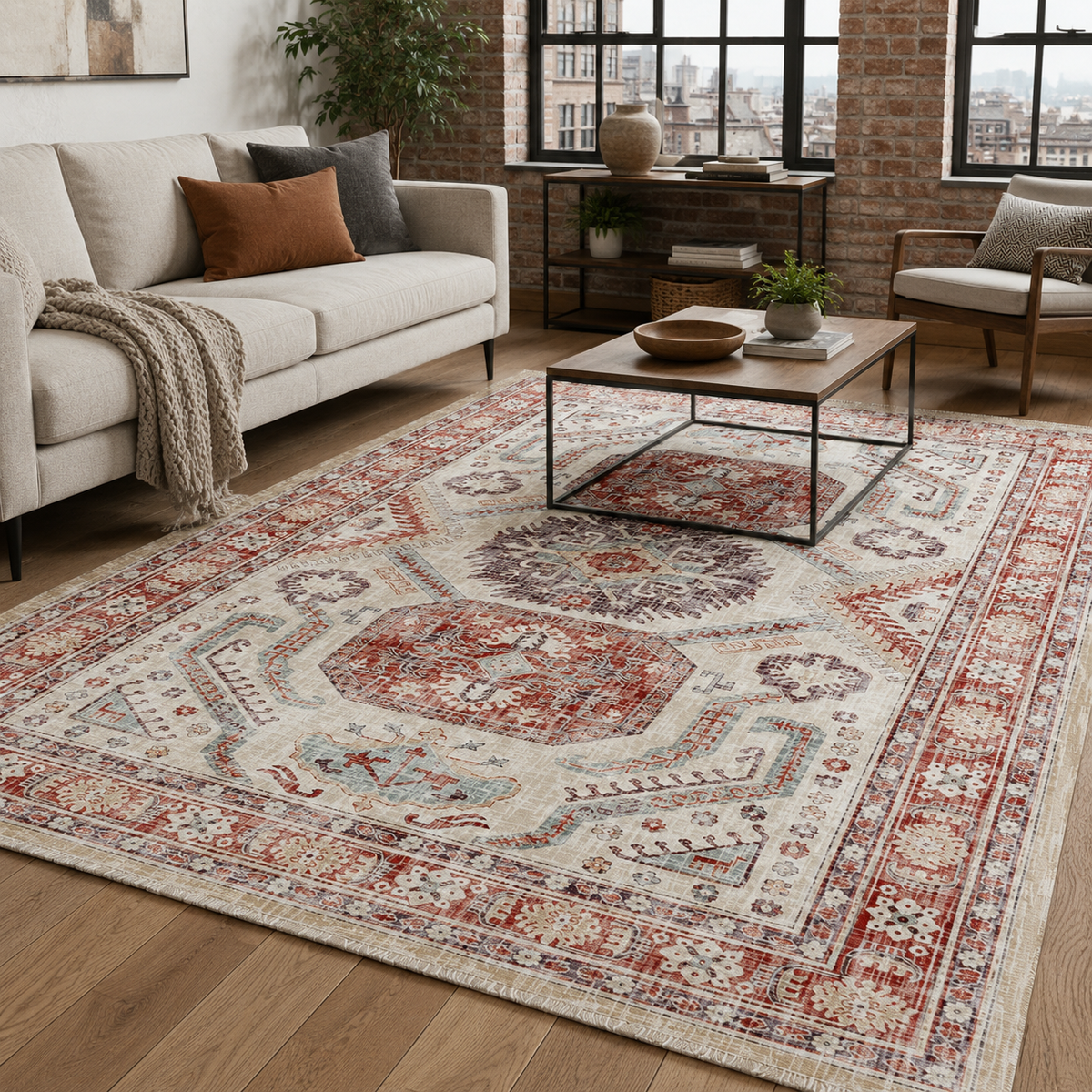 Tapis Classique Vintage Bleu Marine Lavable Elya, vue principale