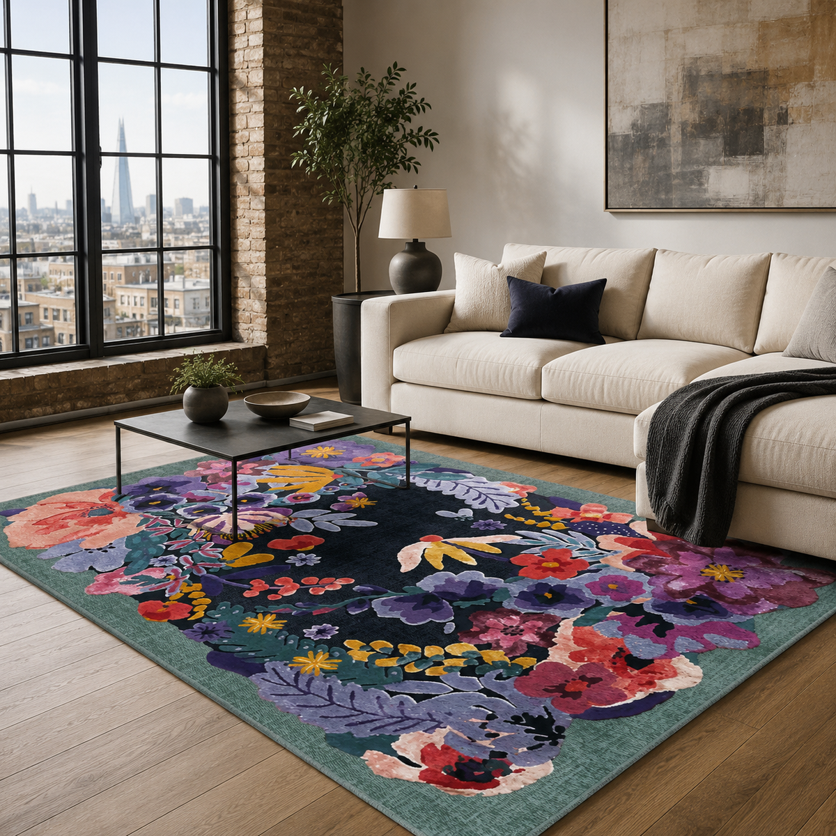 Tapis Classique Bleu Marine Lavable Pamina, vue principale