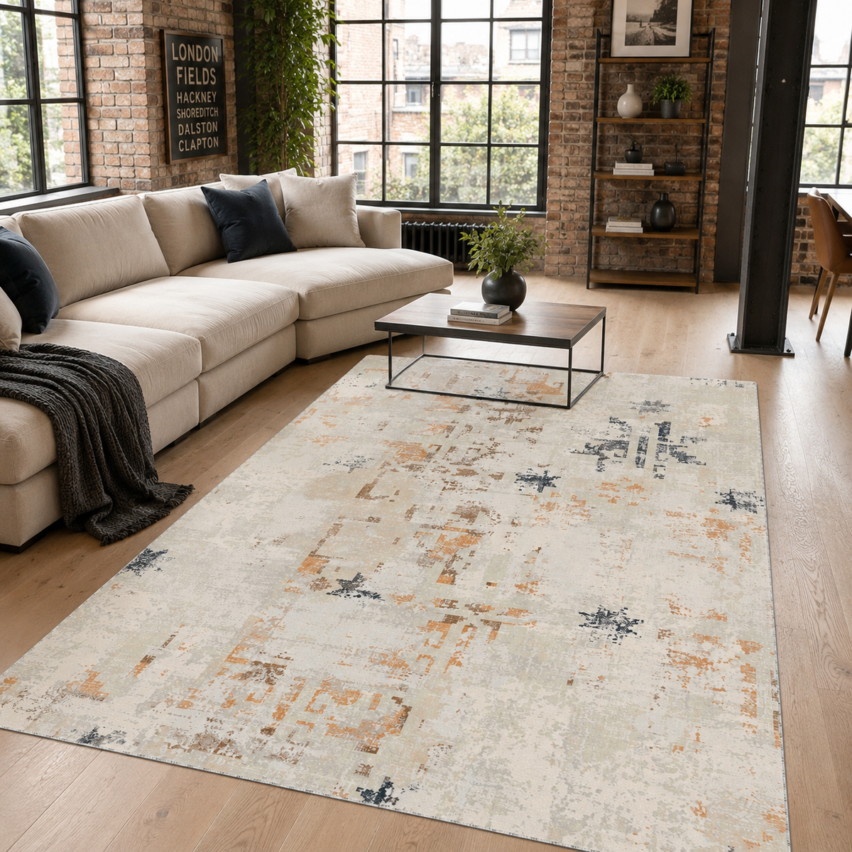 Tapis Ethnique Moderne Bleu Marine Lavable Eden, vue principale