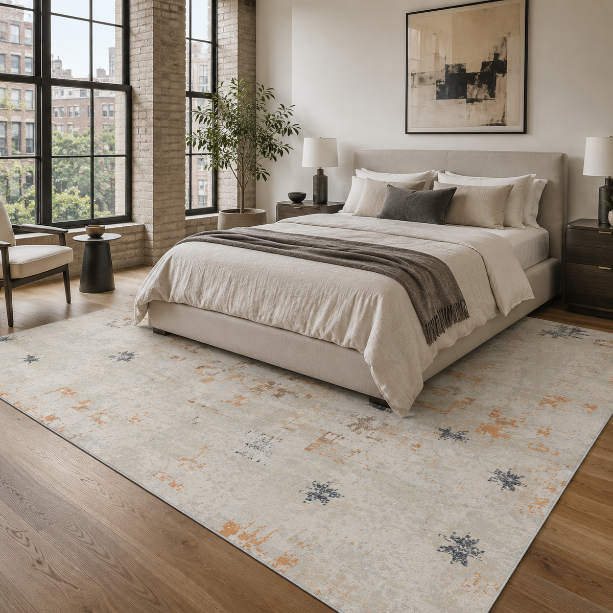 Tapis Ethnique Moderne Bleu Marine Lavable Eden, vue 4