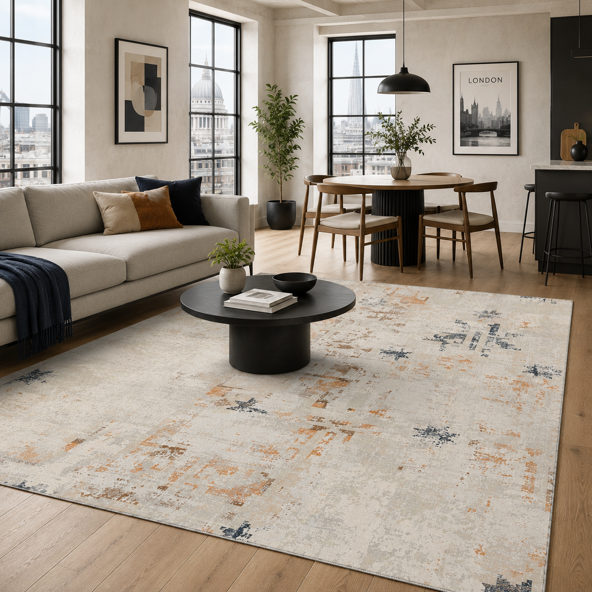 Tapis Ethnique Moderne Bleu Marine Lavable Eden, vue 5