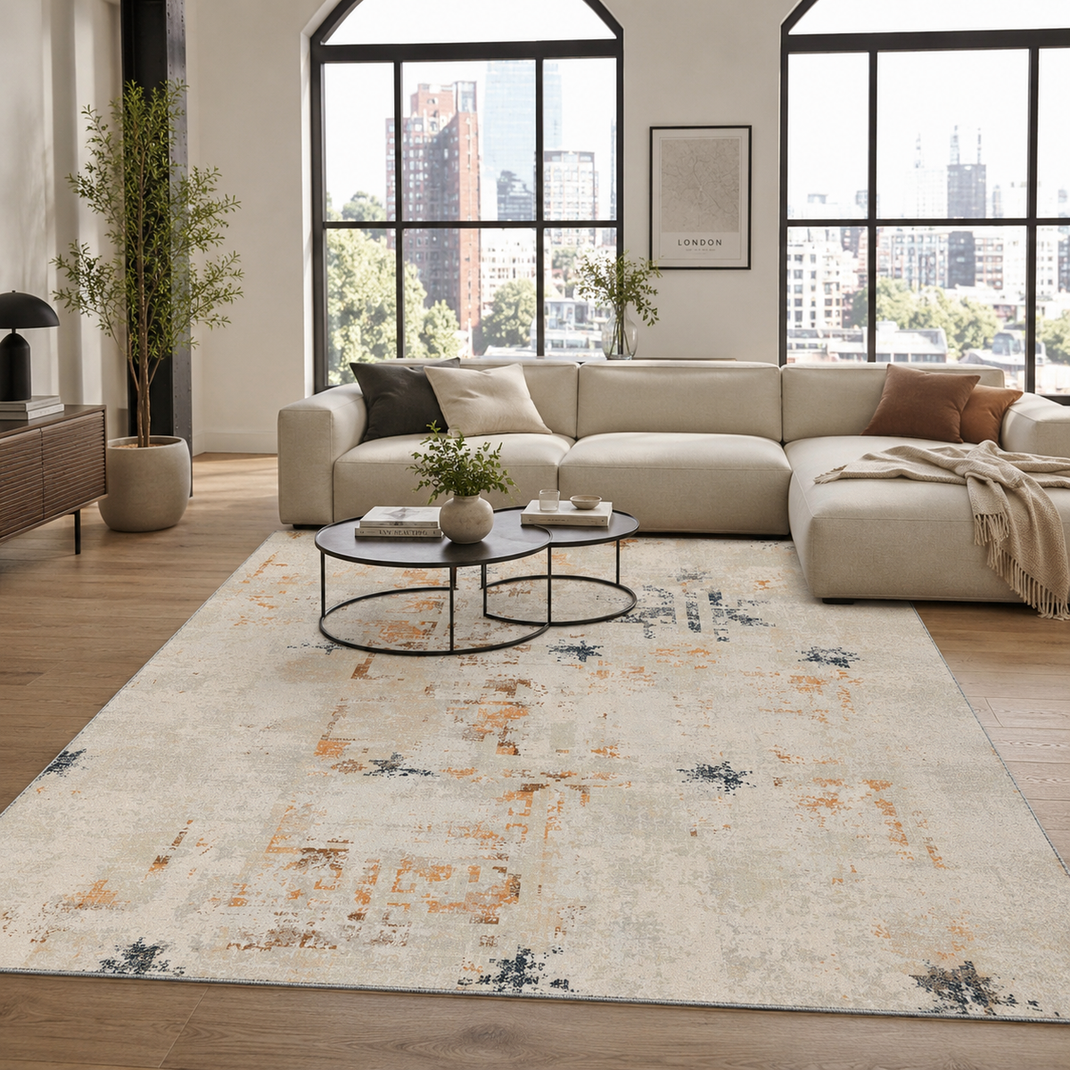Tapis Ethnique Moderne Bleu Marine Lavable Eden, vue 8