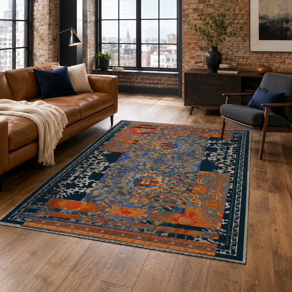 Tapis Classique Vintage Bleu Marine Lavable Sixtine, vue principale