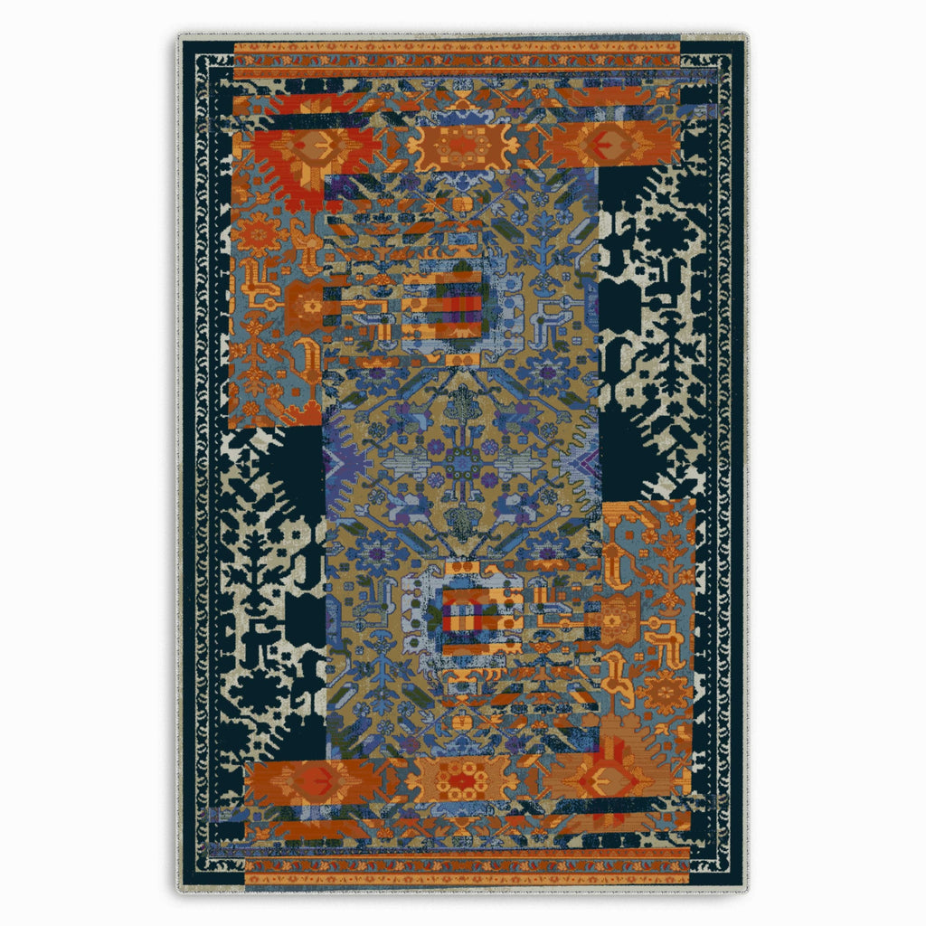 Détail du motif du tapis classique vintage bleu marine lavable Sixtine