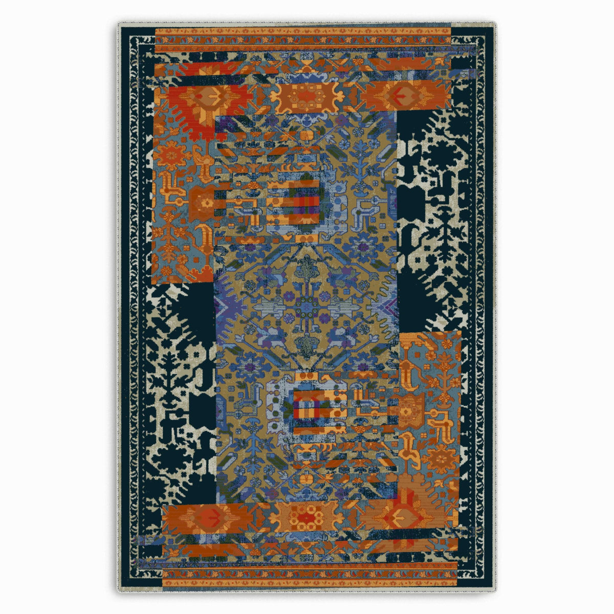 Détail du motif du tapis classique vintage bleu marine lavable Sixtine