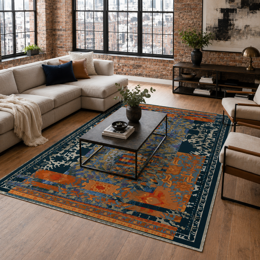 Tapis Classique Vintage Bleu Marine Lavable Sixtine, vue 4