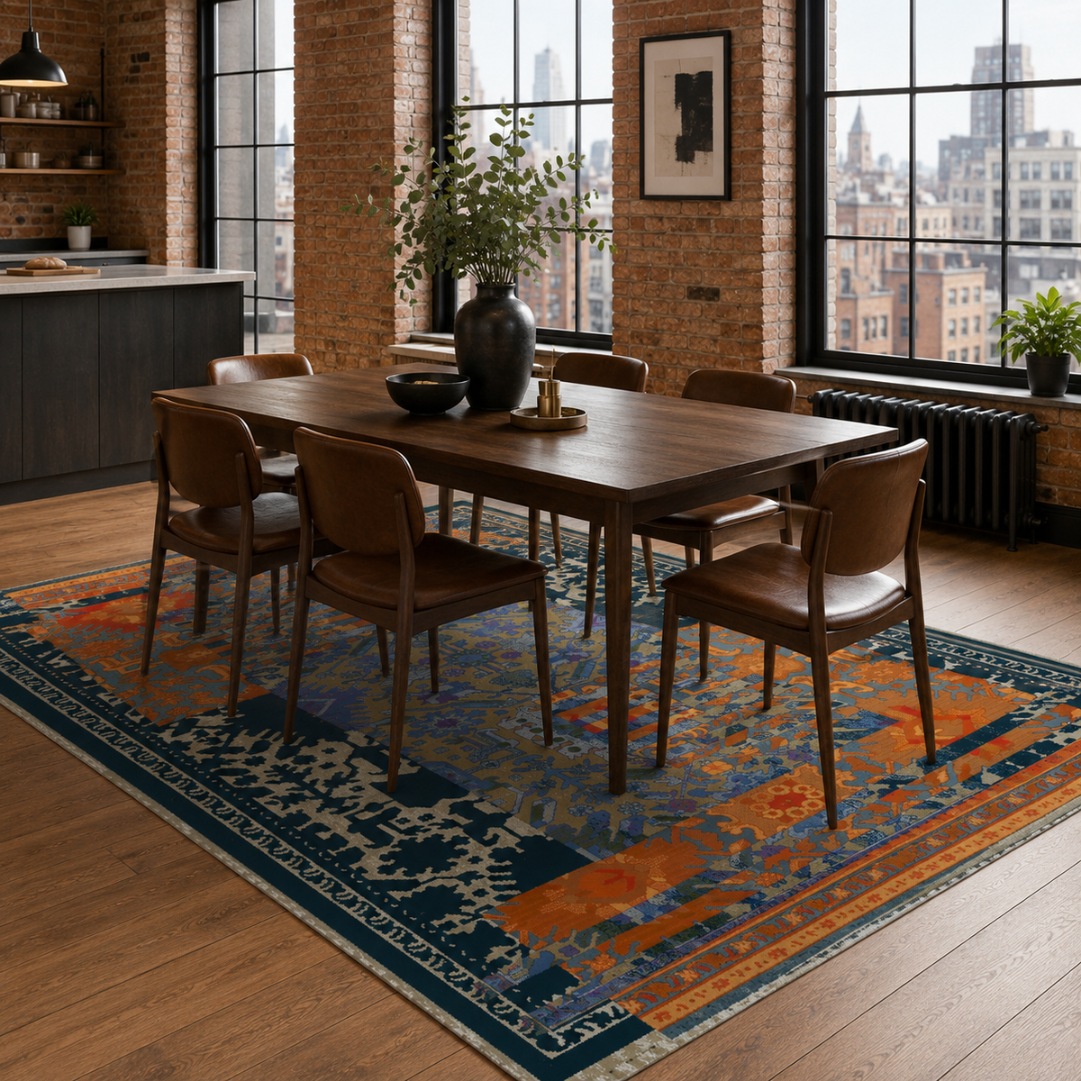 Tapis Classique Vintage Bleu Marine Lavable Sixtine, vue 6