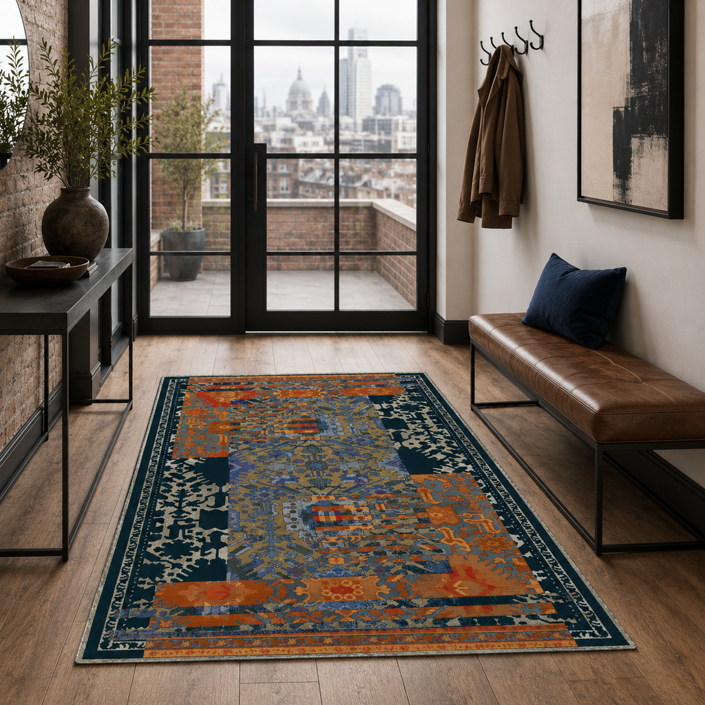 Tapis Classique Vintage Bleu Marine Lavable Sixtine, vue 8