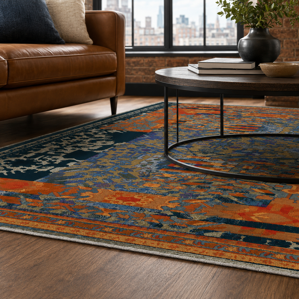 Tapis Classique Vintage Bleu Marine Lavable Sixtine, vue 10