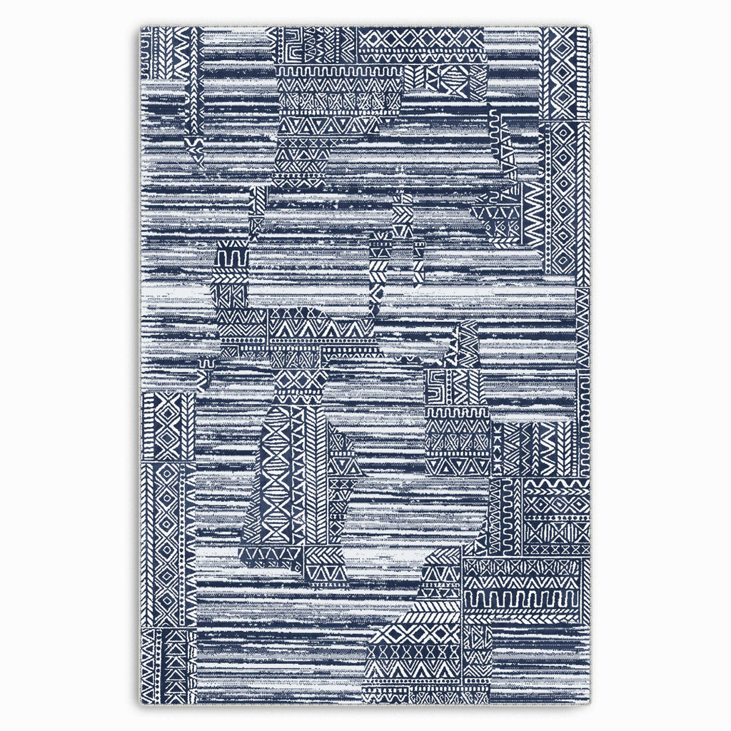 Détail du motif du tapis moderne bleu marine lavable Ismaël
