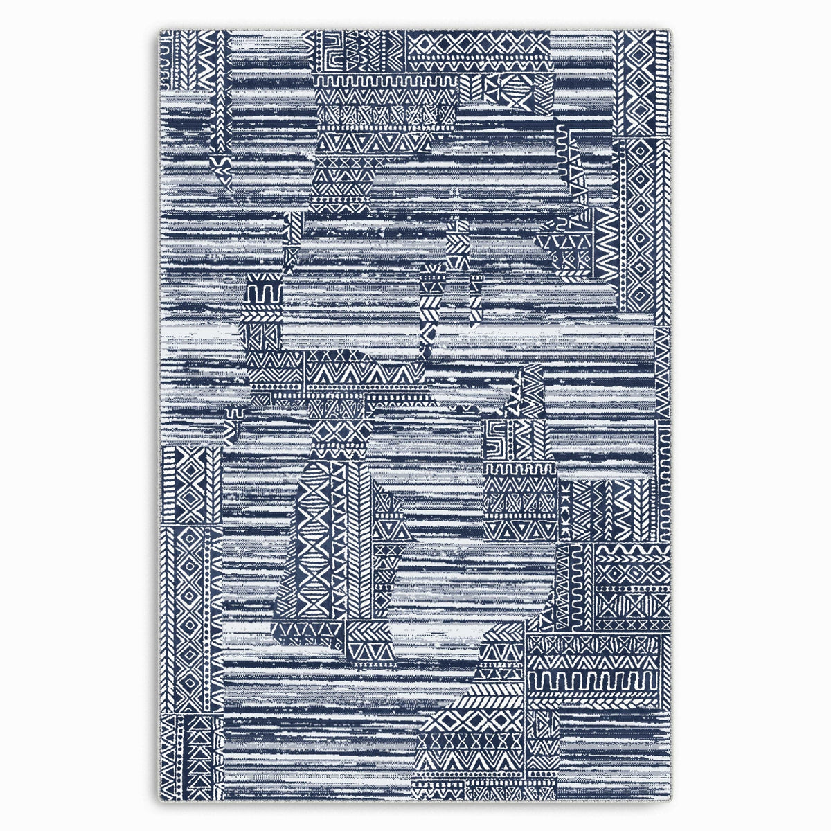 Détail du motif du tapis moderne bleu marine lavable Ismaël