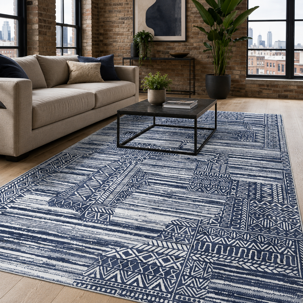 Tapis Moderne Bleu Marine Lavable Ismaël, vue 3