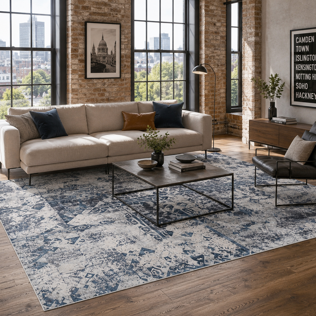 Tapis Ethnique Vintage Bleu Marine Lavable Gabriel, vue principale