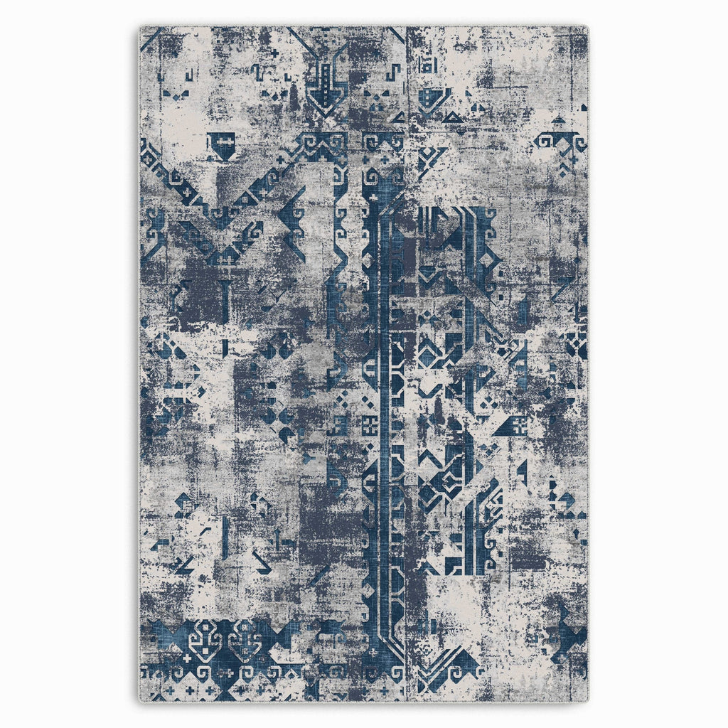 Détail du motif du tapis ethnique vintage bleu marine lavable Gabriel