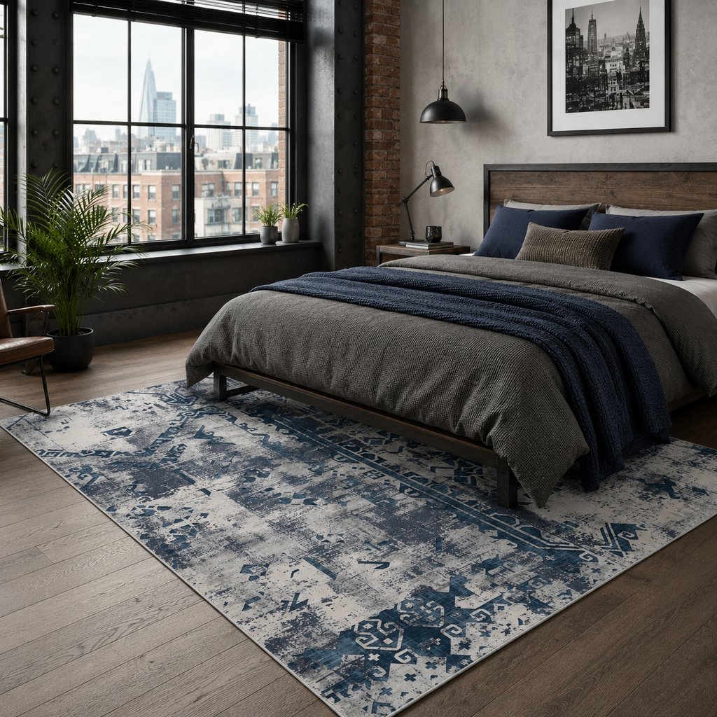 Tapis Ethnique Vintage Bleu Marine Lavable Gabriel, vue 4