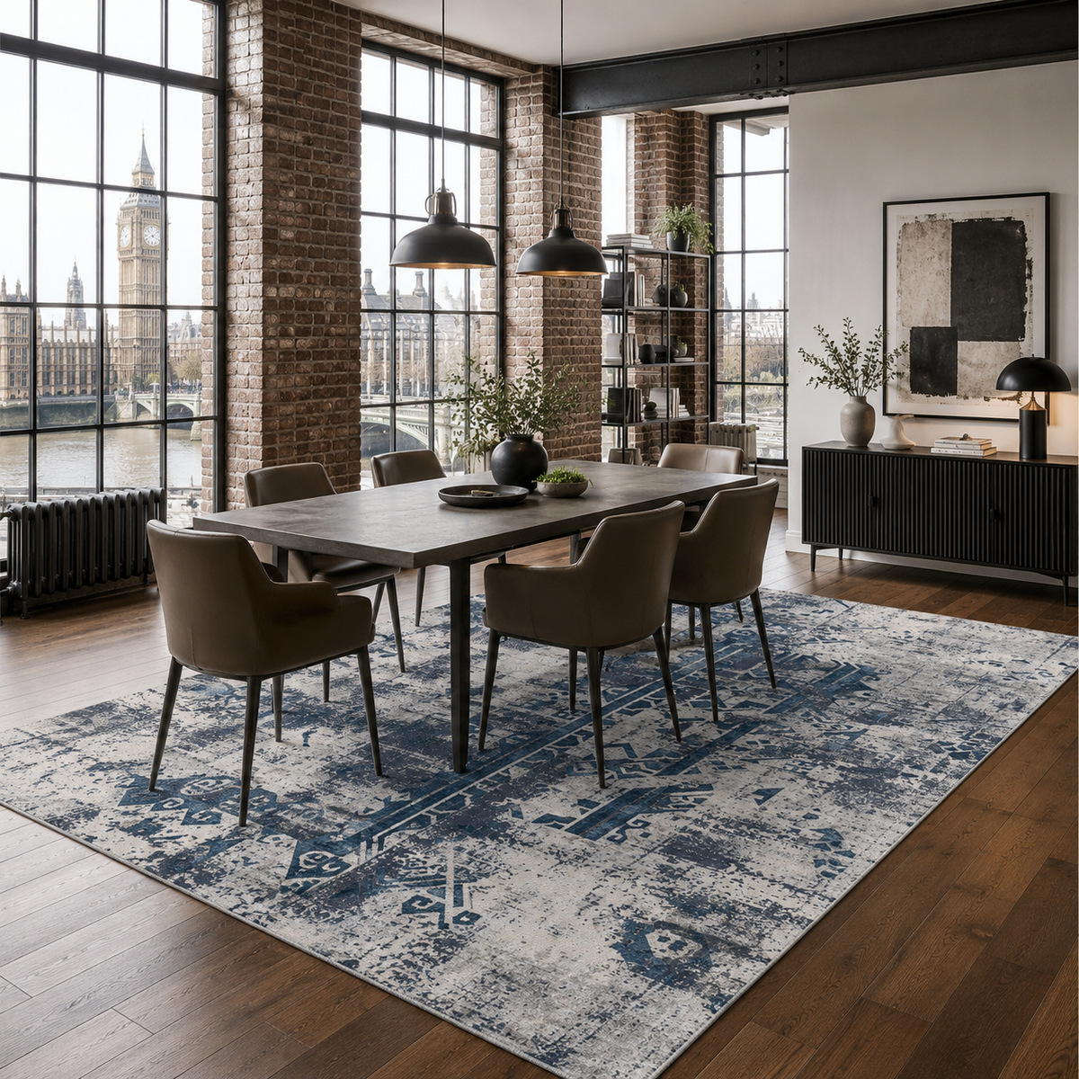 Tapis Ethnique Vintage Bleu Marine Lavable Gabriel, vue 5