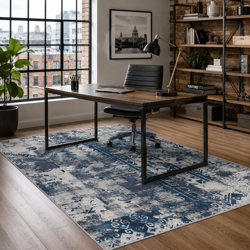 Tapis Ethnique Vintage Bleu Marine Lavable Gabriel, vue 6