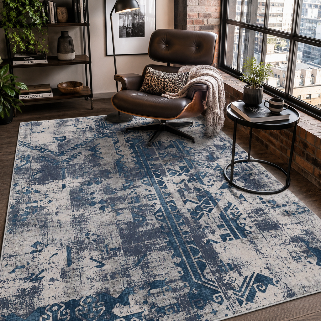 Tapis Ethnique Vintage Bleu Marine Lavable Gabriel, vue 7