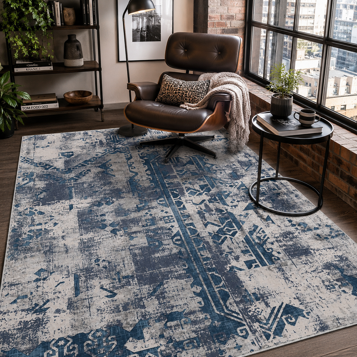 Tapis Ethnique Vintage Bleu Marine Lavable Gabriel, vue 7