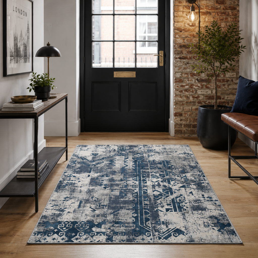 Tapis Ethnique Vintage Bleu Marine Lavable Gabriel, vue 8