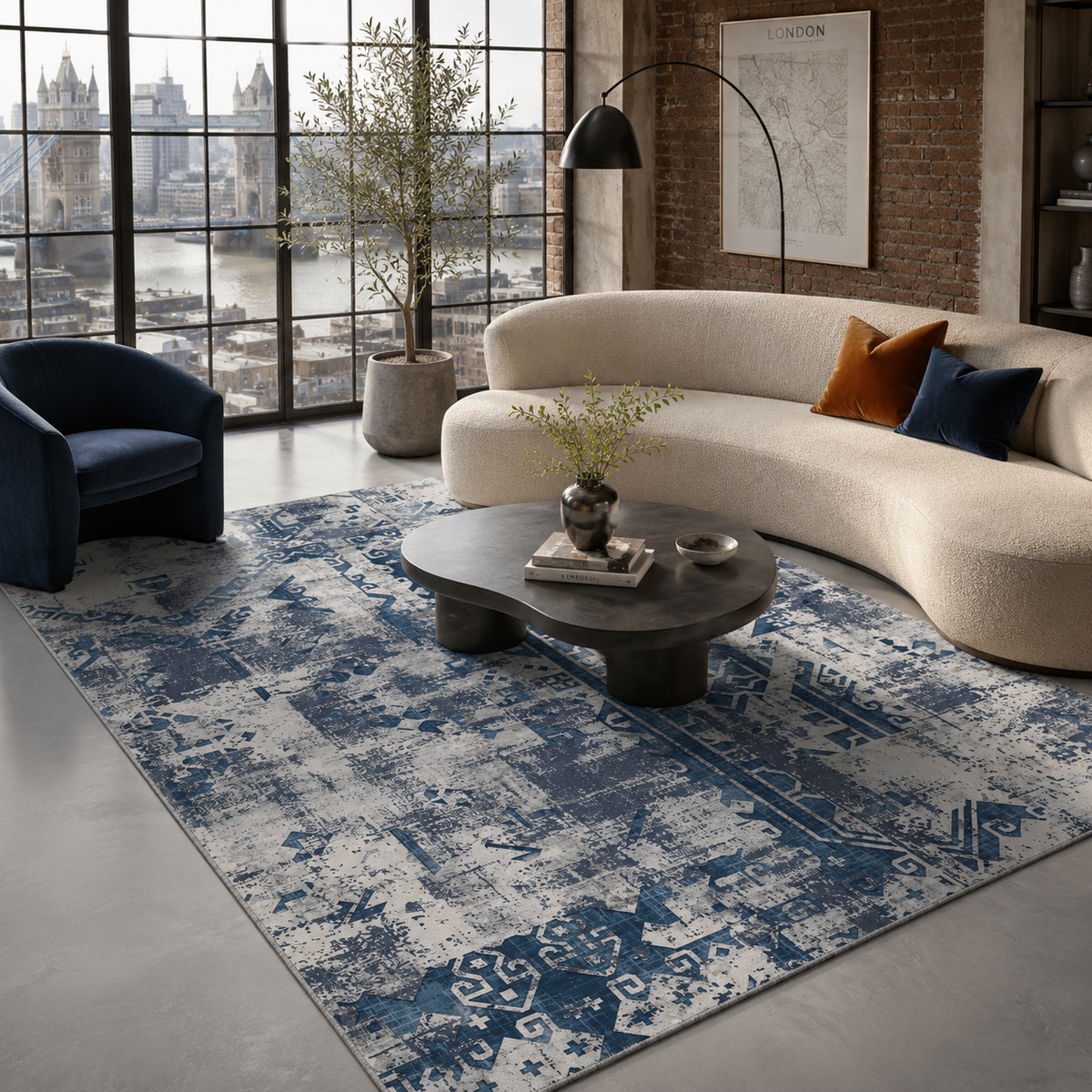 Tapis Ethnique Vintage Bleu Marine Lavable Gabriel, vue 9