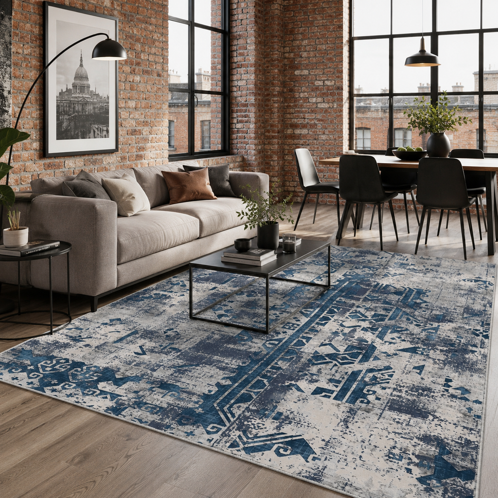 Tapis Ethnique Vintage Bleu Marine Lavable Gabriel, vue 10