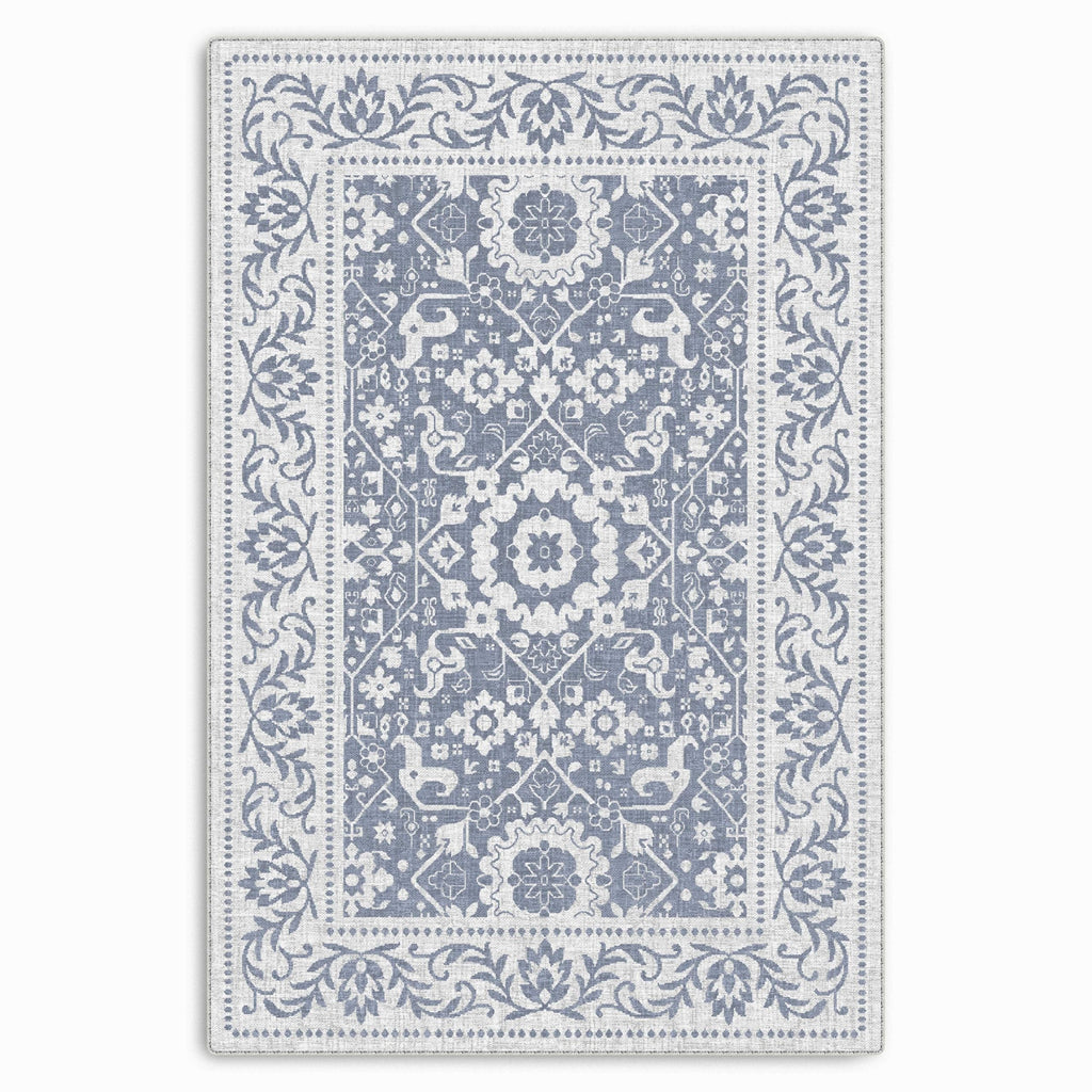 Détail du motif du tapis classique bleu marine lavable Anaïs