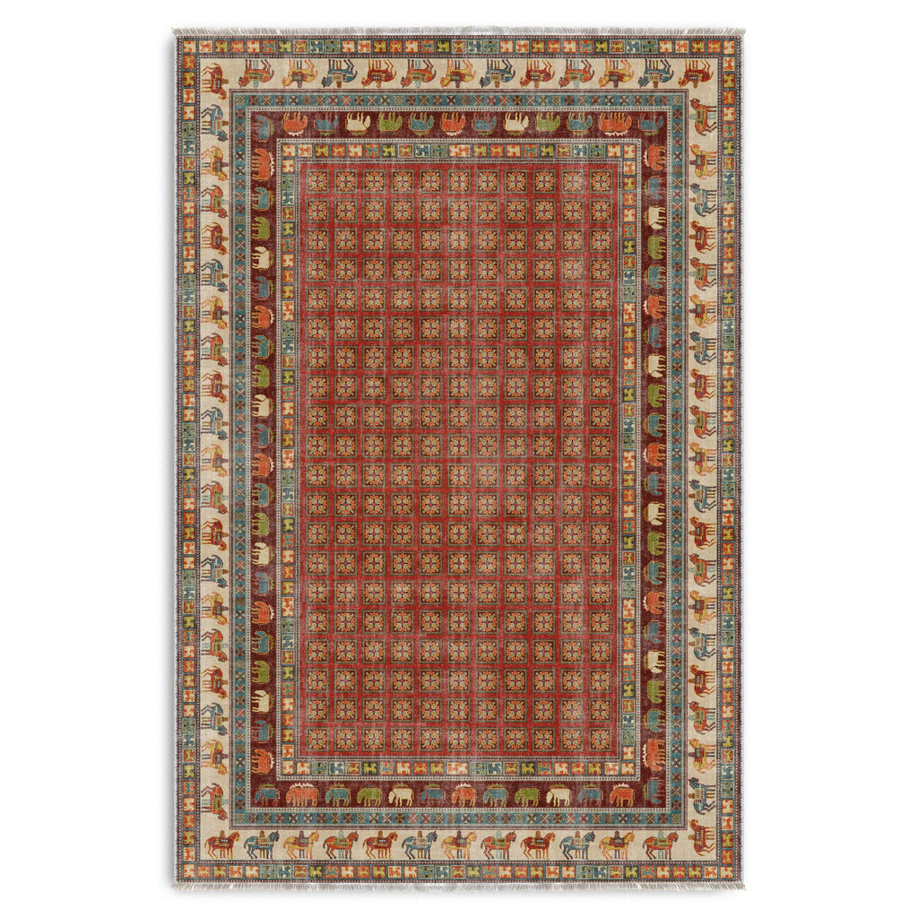 Détail du motif du tapis classique vintage bordeaux lavable Ambre