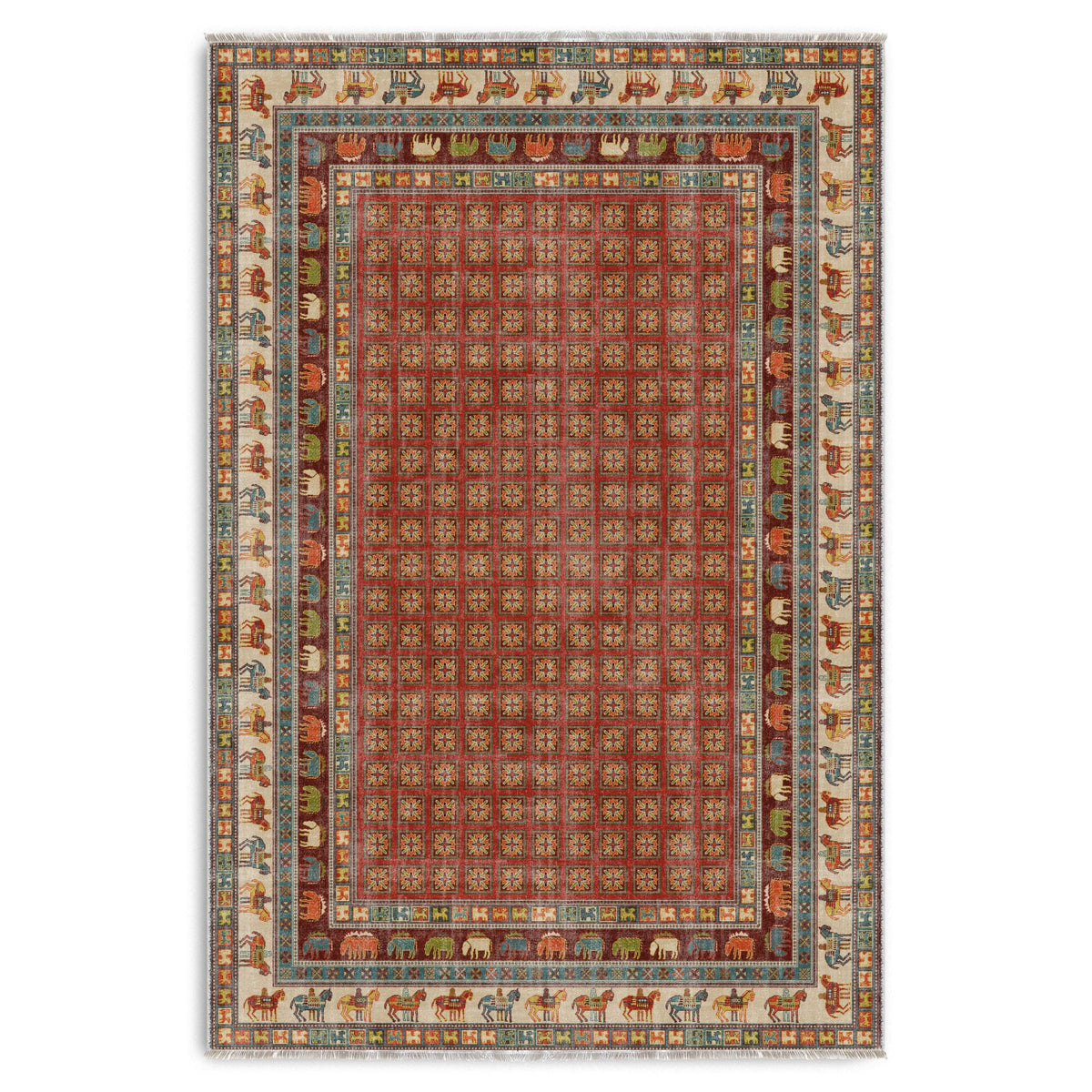 Détail du motif du tapis classique vintage bordeaux lavable Ambre