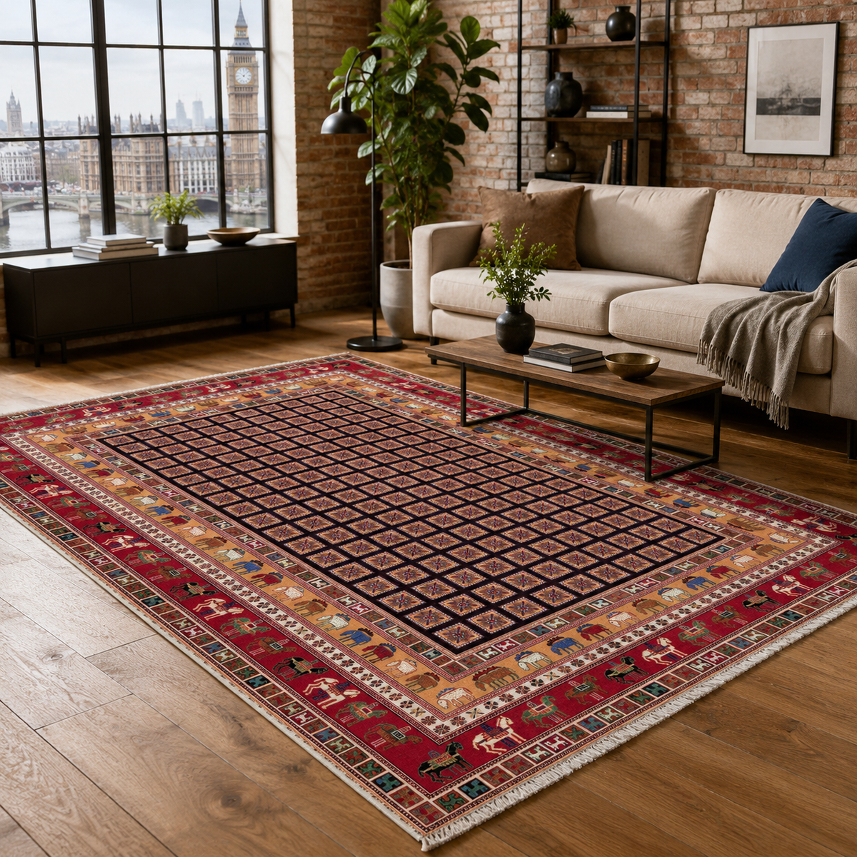 Tapis Géométrique Vintage Bordeaux Lavable Fiora, vue principale