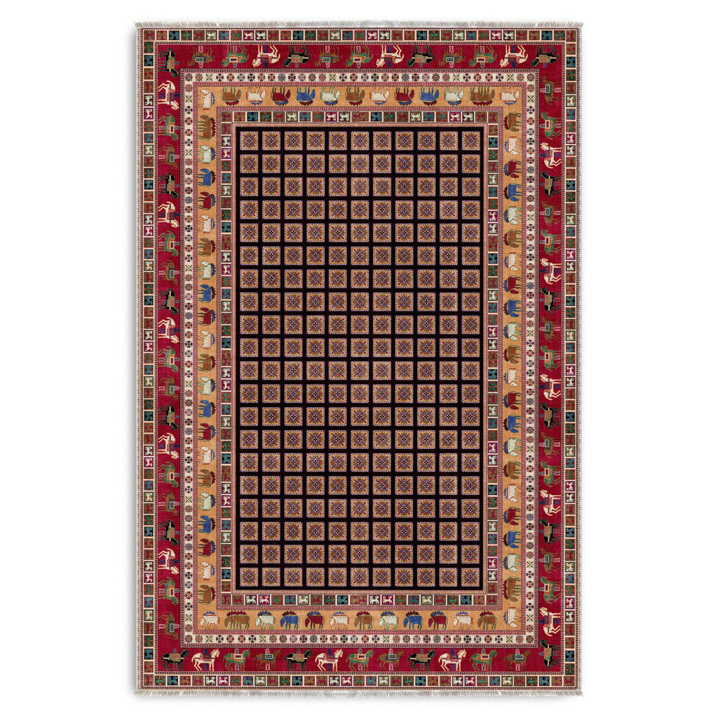 Détail du motif du tapis géométrique vintage bordeaux lavable Fiora